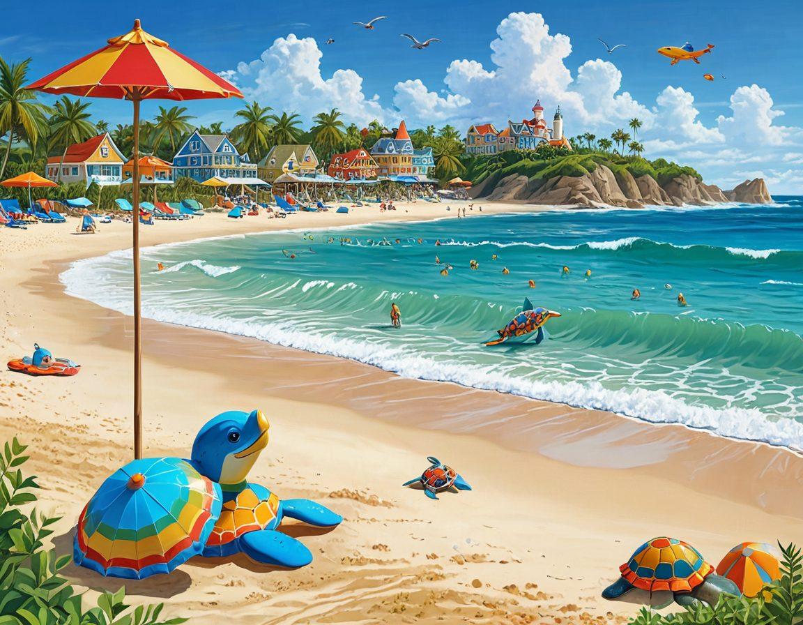 A lively beach scene with animated characters wearing colorful beachwear, splashing in the waves and building sandcastles. Include playful sea creatures like dolphins and turtles interacting with the kids, beneath a bright, sunny sky with vibrant beach umbrellas in the background. The overall tone should evoke joy and adventure, perfect for children's entertainment. cartoonish style. vibrant colors. cheerful atmosphere.