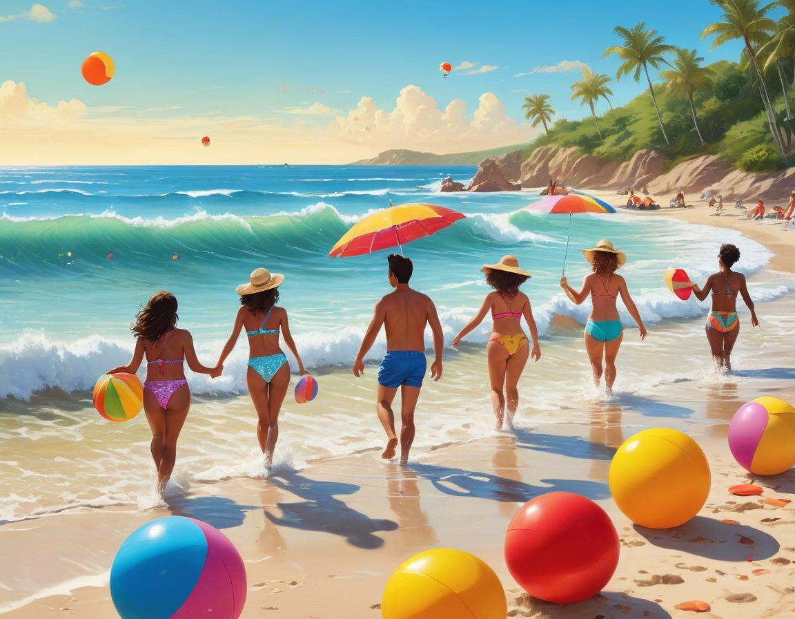 A whimsical cartoon scene depicting a group of animated characters splashing in the waves at a colorful beach. Each character showcases unique, exaggerated beachwear designs - think oversized sun hats, funky swimsuits, and comical floaties. Bright umbrellas and beach balls are scattered around, while a cheerful sun shines in the blue sky. The overall feel is playful and humorous, inviting the viewer to dive into the lightheartedness of summer. vibrant colors. cartoon style.