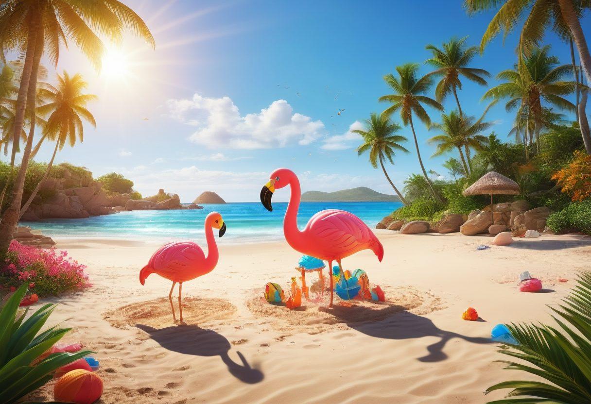 A whimsical beach scene featuring playful cartoon characters in vibrant, colorful beachwear, enjoying a sunny day at the beach. Include children building sandcastles, a giant inflatable flamingo, and a backdrop of palm trees and a bright blue ocean. Emphasize laughter and fun, with exaggerated expressions and playful poses. super-realistic. vibrant colors. cartoon style.